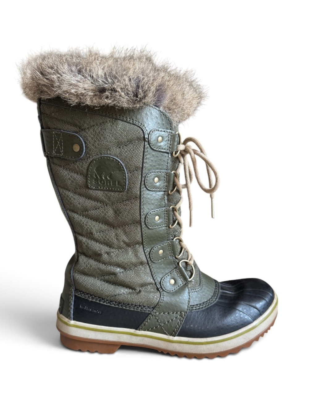 Sorel Tofino II Waterproof Faux Fur Snow Boots Olive Green Black Size 7.5